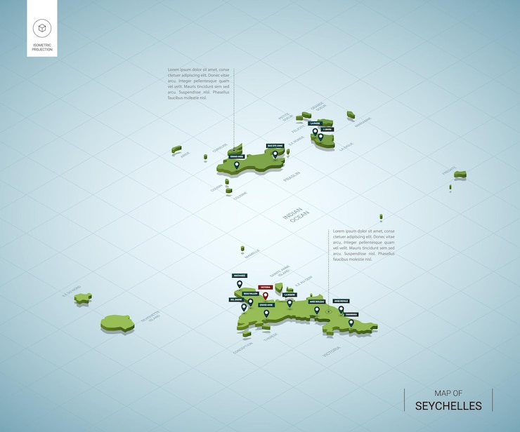 Vector stylized map of seychelles. isometric 3d green map with cities, borders, capital, regions.    