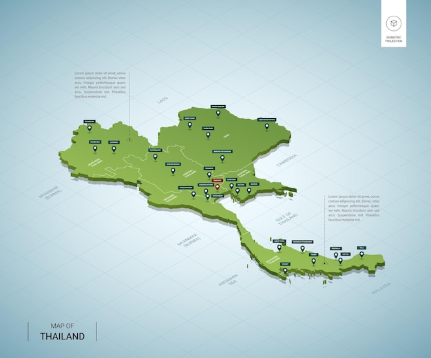 Stylized map of Thailand. Isometric 3D green map with cities, borders, capital Bangkok, regions.    