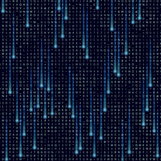 Vector stylized matrix background with letters, lights, and movement.