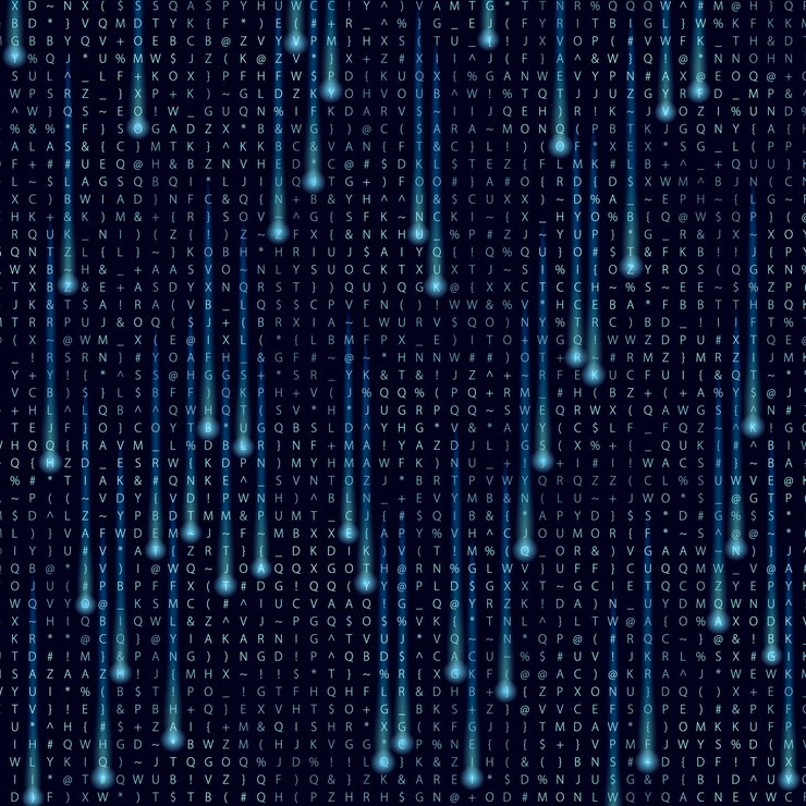 Vector stylized matrix background with letters, lights, and movement.