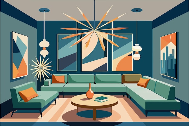 Vettore un'illustrazione moderna stilizzata del soggiorno con un grande divano sezionale blu e verde, tappeto geometrico, arte murale astratta, lampadario starburst e piante d'interno