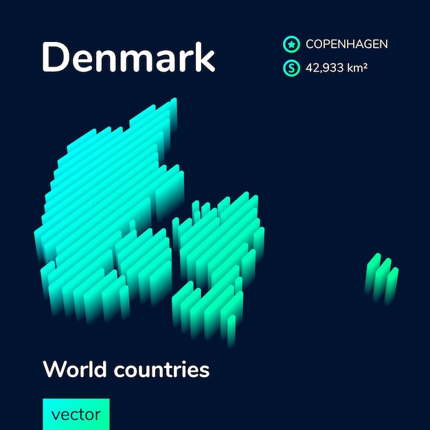 Стилизованная неоновая цифровая изометрическая полосатая векторная карта Дании 3D в зеленых тонах на черном фоне