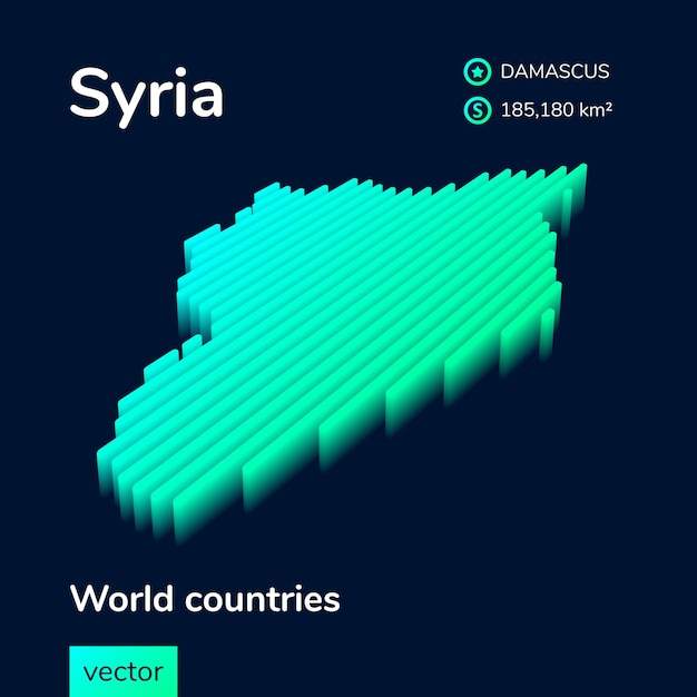 Stylized neon isometric striped vector Syria 3D map in green colors on the dark blue background