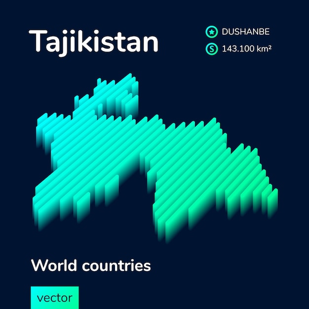 Stylized neon isometric striped vector Tajikistan 3D map in green mint colors on blue background