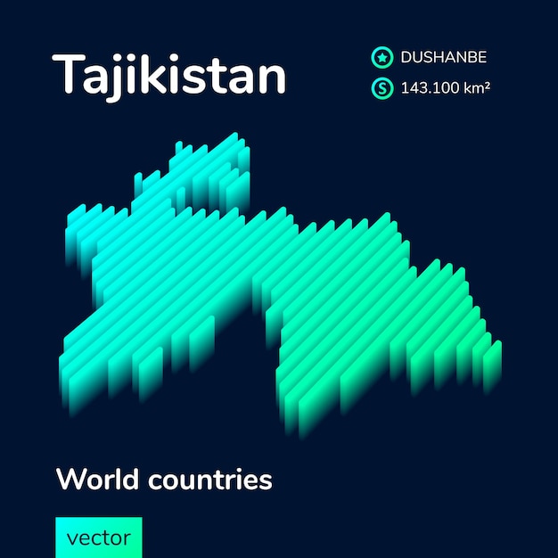 Stylized neon isometric striped vector tajikistan 3d map in green mint colors on blue background