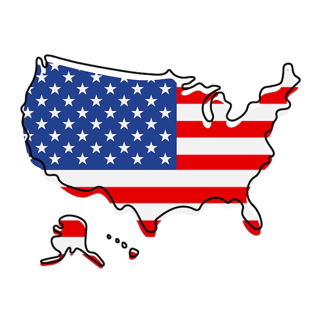 Stylized outline map of america with national flag icon. flag color map of usa vector illustration.