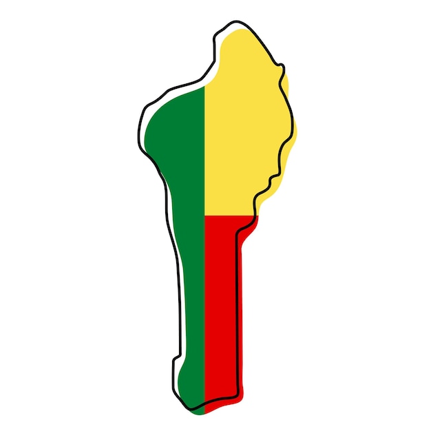 Stylized outline map of Benin with national flag icon. Flag color map of Benin vector illustration.