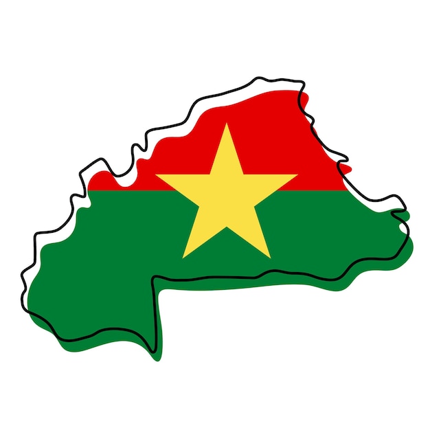 Stylized outline map of Burkina Faso with national flag icon. Flag color map of Burkina Faso vector illustration.