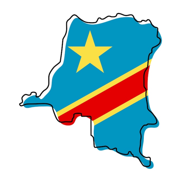 Стилизованная контурная карта Демократической Республики Конго со значком национального флага. Цветная карта флага Демократической Республики Конго векторные иллюстрации.