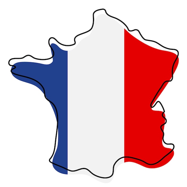 Stylized outline map of France with national flag icon. Flag color map of France vector illustration.