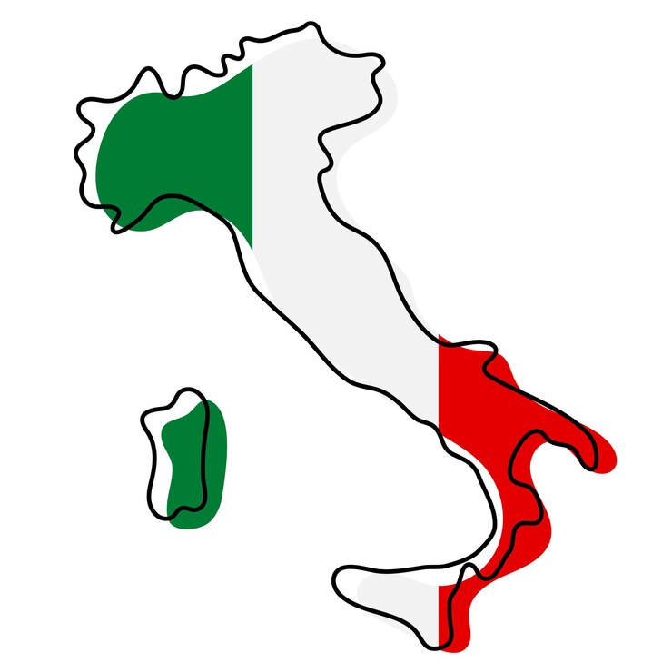 国旗のアイコンとイタリアの様式化された白地図。イタリアのベクトルイラストの旗のカラーマップ。
