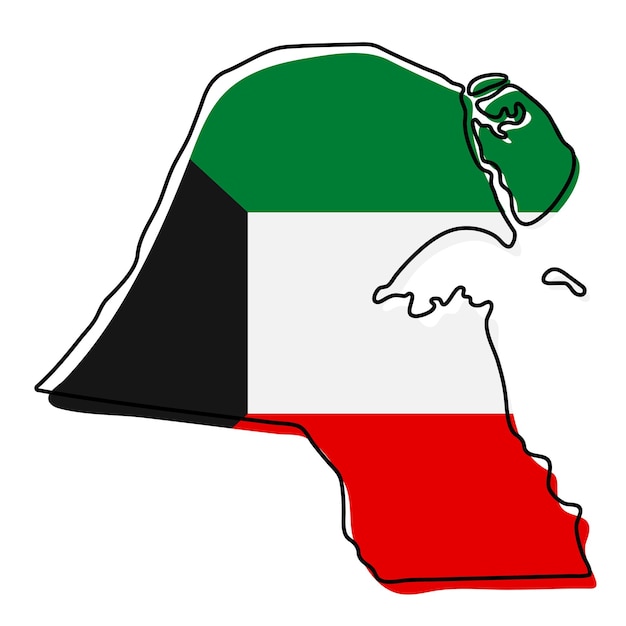 Stylized outline map of Kuwait with national flag icon. Flag color map of Kuwait vector illustration.