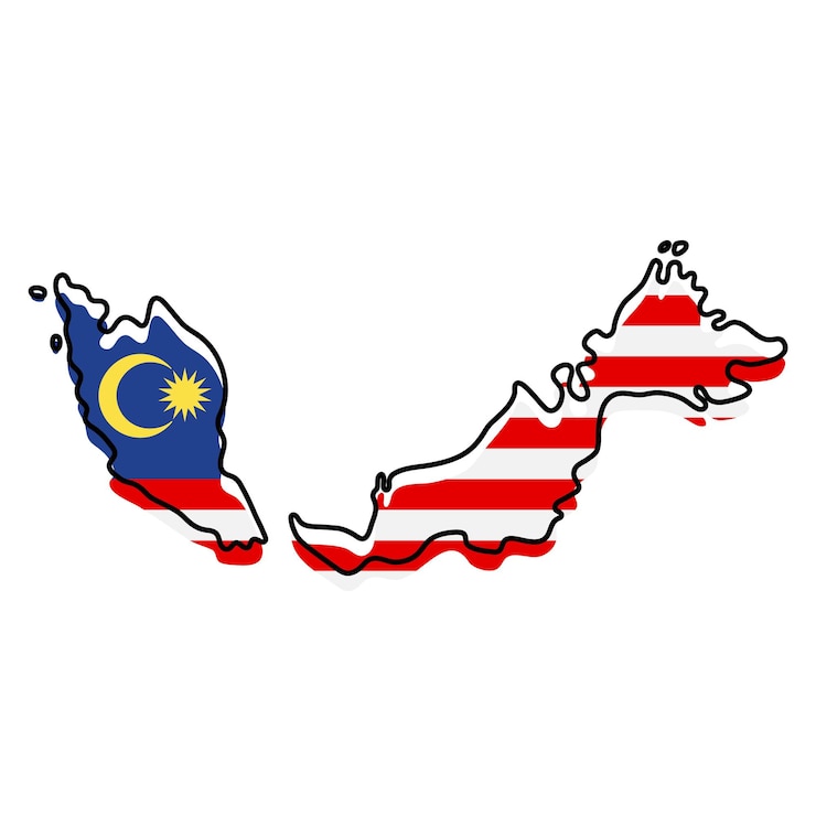 国旗のアイコンが付いたマレーシアの定型化された白地図。マレーシアのベクトルイラストの旗のカラーマップ。