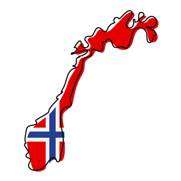 Stylized outline map of Norway with national flag icon. Flag color map of Norway vector illustration.