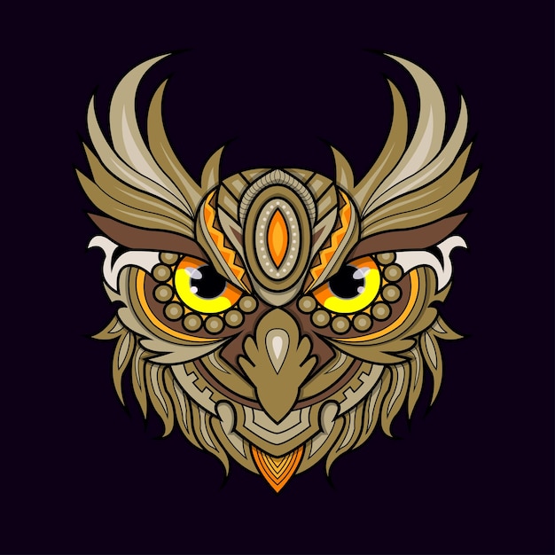 Stylized owl head in ethnic vector black background