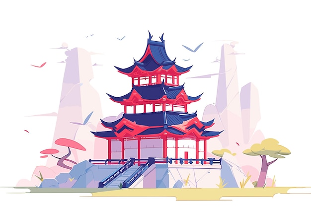 Stylized pagoda in a serene setting