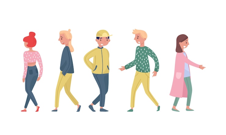 Vector stylized people figures in different poses vector illustrations men and women walking concept