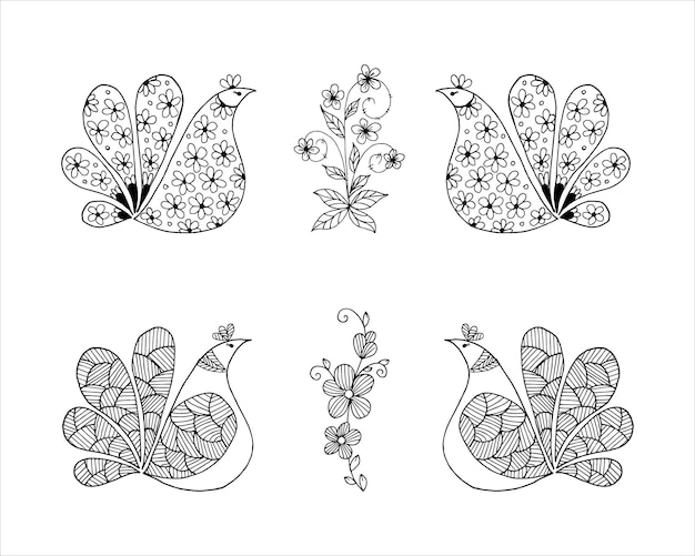 Stylized proud hen birds looking at a flower, doodle or sketch style.