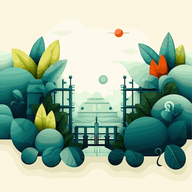 Vector stylized public park scene with lush greenery and urban structures