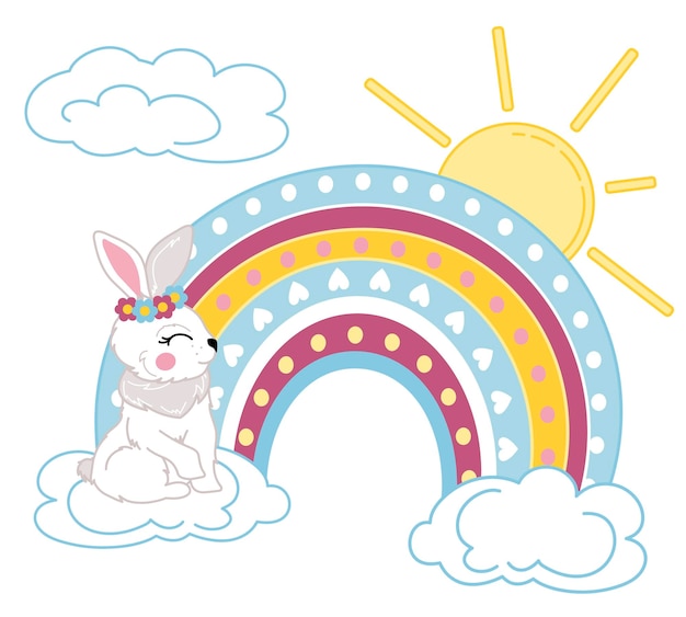 Stylized rainbow with a hare on the clouds against the backdrop of the sun