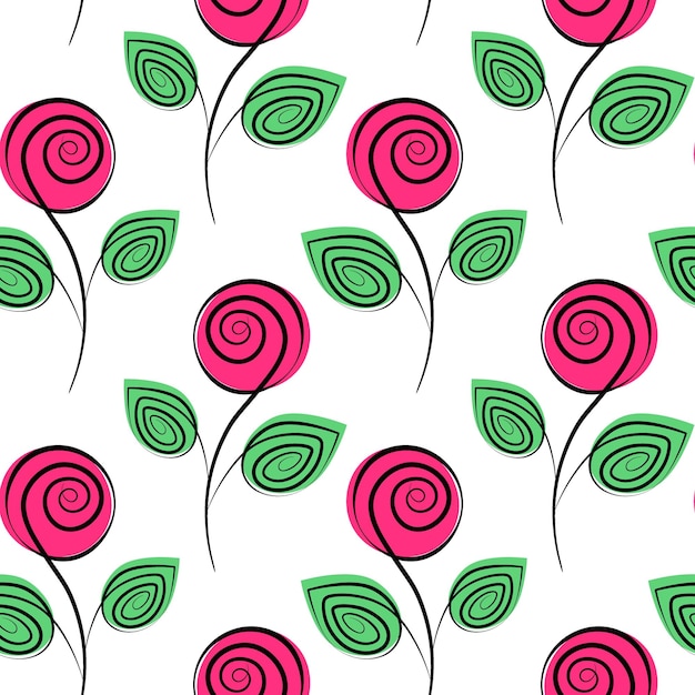 stylized rose on stem with leaves seamless pattern in trendy marker green and pink spring backdrop