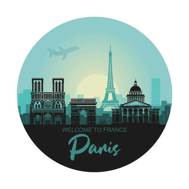 Stylized round landscape of Paris with Eiffel tower arc de Triomphe and Notre Dame Cathedral