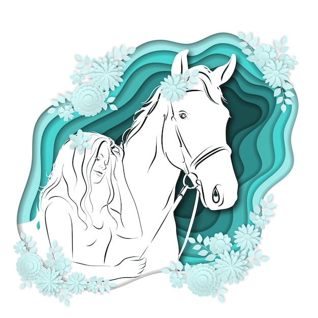 Vector stylized silhouette of a girl on a horse of paper art.