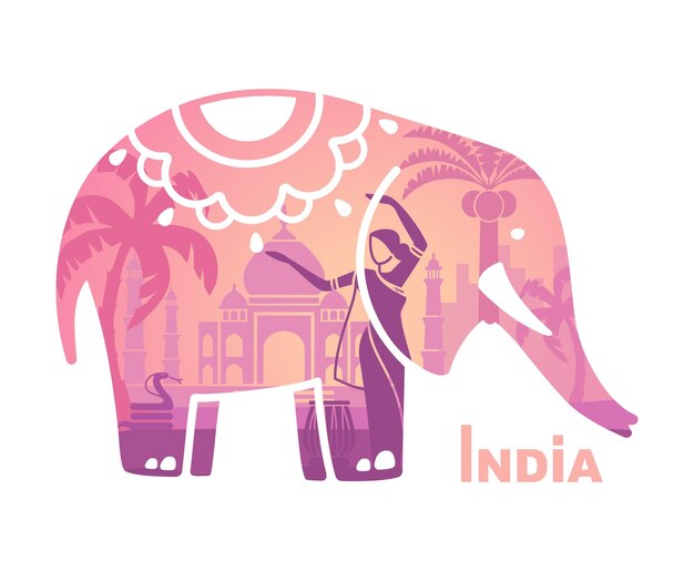 Stylized silhouette of the Indian elephant with the symbols of India