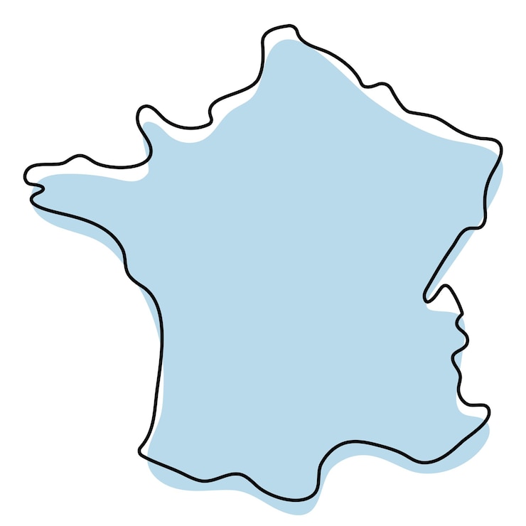 フランスのアイコンの様式化されたシンプルな白地図。フランスのベクトル図の青いスケッチマップ