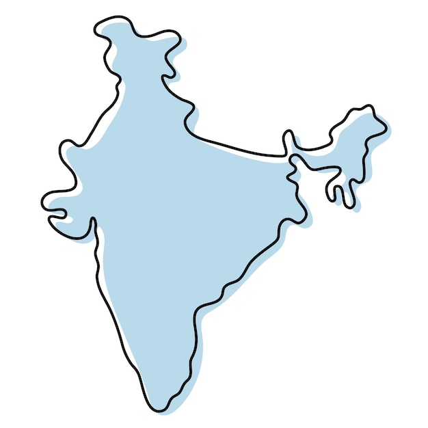 Stylized simple outline map of India icon. Blue sketch map of India vector illustration