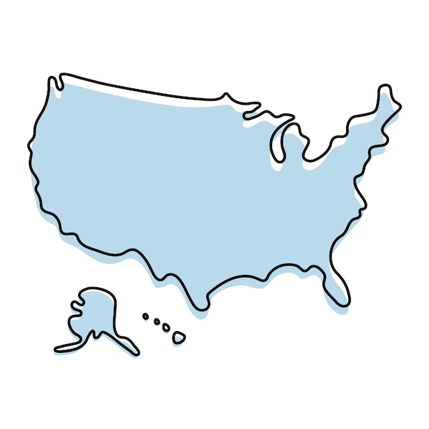 アメリカのアイコンの定型化されたシンプルな白地図。アメリカのベクトル図の青いスケッチマップ