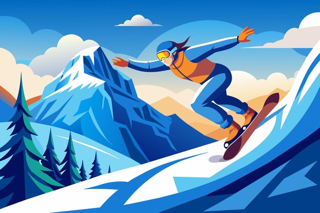 A stylized snowboarder catching air on a mountain slope