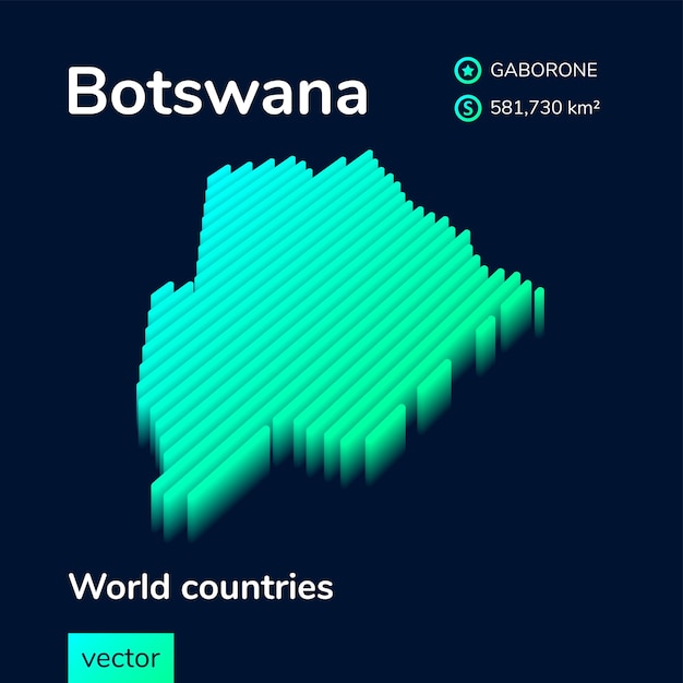 Stylized striped isometric neon vector Botswana 3D map is in green and mint colors