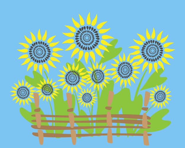 Stylized sunflower flowers behind a wattle fence