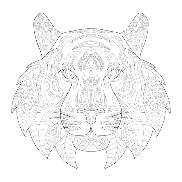 ベクトル 白い背景に分離された様式化されたトラ ライオン ワイルドキャットの肖像画大人のアンチ ストレスのためのスケッチ