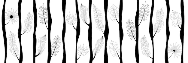 Stylized trees tropical leaves black and white vector banner