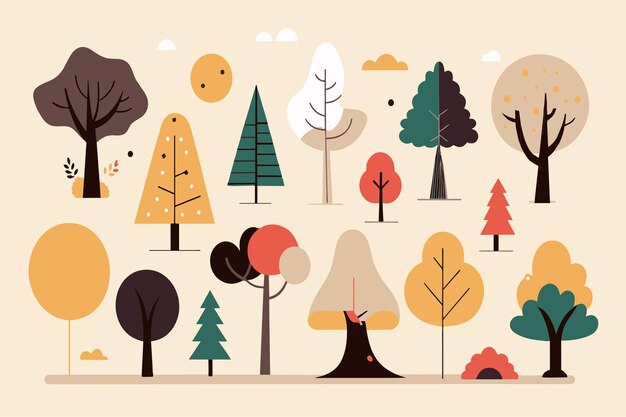 Vector stylized trees with colorful autumn leaves in a serene forest scene