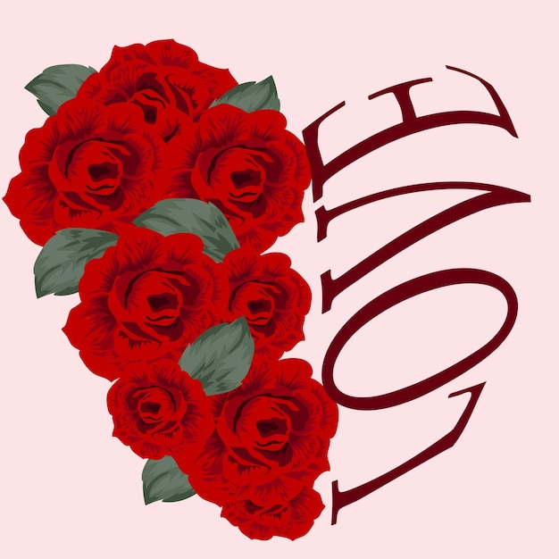 Stylized Valentine's day design with red roses with leaves and text in heart shape vector illustrat