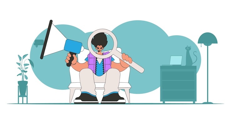 वेक्टर stylized vector illustration of a hr representative a young man sits in a chair and holds a megaphone