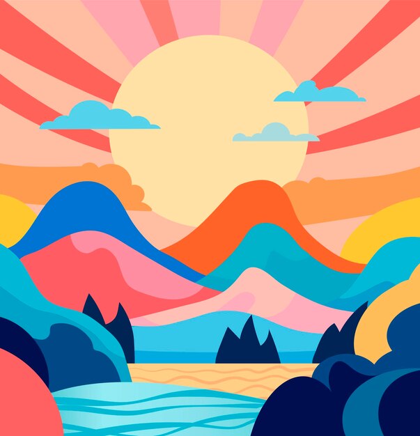 Vector stylized vector landscape sunset in the mountains