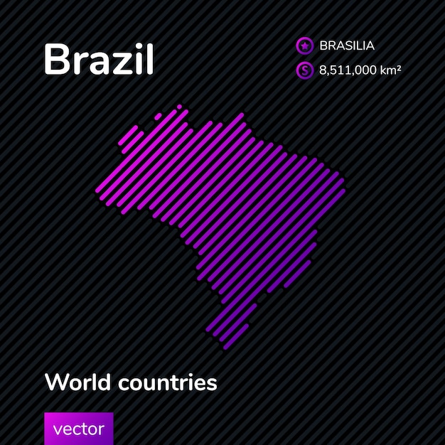 フラットスタイルの縞模様の黒い背景に紫の色でブラジルの様式化されたベクトルマップ