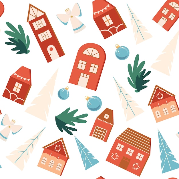 Styllish seamless pattern from Scandinavian toy houses Christmas ball tree Winter cozy wallpaper