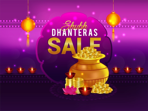 Vector subh dhanteras sale banner design and gold coin pot