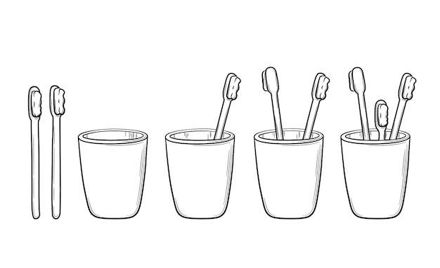 Vector the subject of a daily routine for oral hygiene. set of hand drawn glasses with toothbrushes .