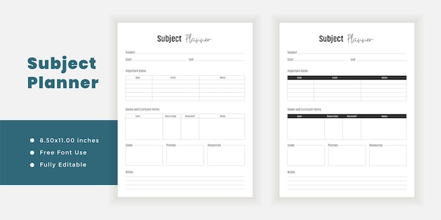 Subject planner logbook journal and minimalist printable page template