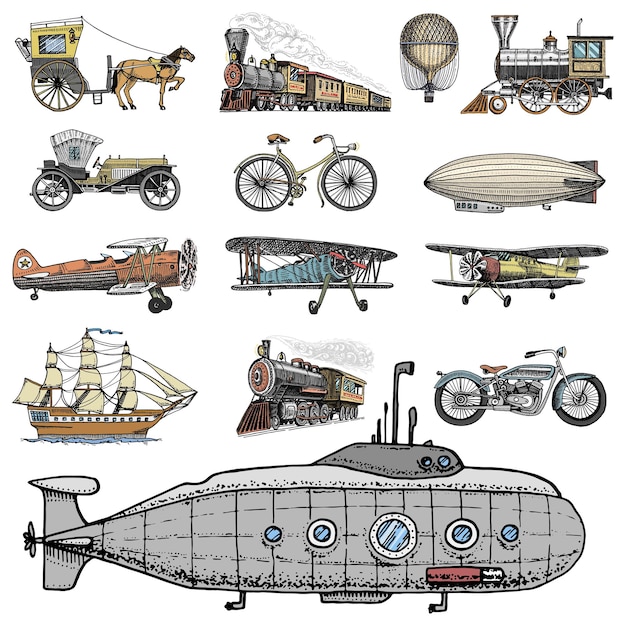 Подводная лодка и автомобильный мотоцикл конная повозка дирижабль или дирижабль воздушные шары самолеты кукурузный початок локомотив выгравированы вручную в стиле старого эскиза винтажный пассажирский транспорт