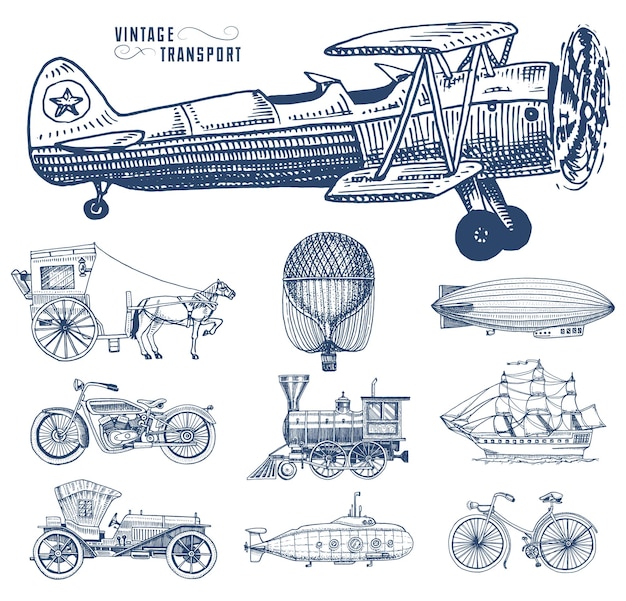 Sottomarino barca e auto moto carrozza trainata da cavalli dirigibile o dirigibile mongolfiera aeroplani pannocchia locomotiva incisa disegnata a mano nel vecchio stile di schizzo vintage trasporto passeggeri