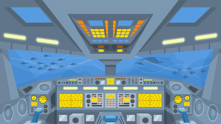 Vector submarine cockpit animated interior background scene