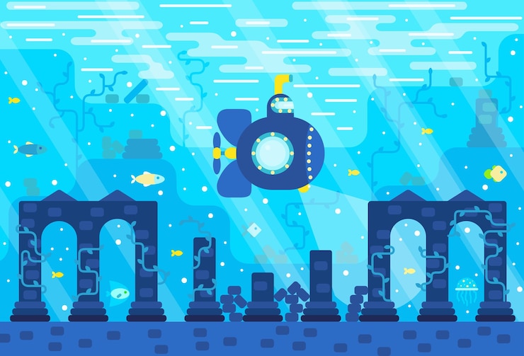 Vector a submarine explores the ruins of an ancient sunken city