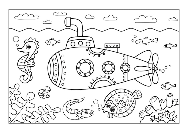 Vector a submarine floats under water fish and seahorse swim around there are many plants at the bottom black and white vector illustration for coloring book